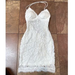 White sequined lace mini dress straps back